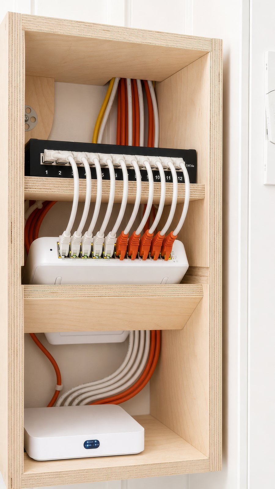 Sauber verkabelter Netzwerkverteiler in einem Holzschrank