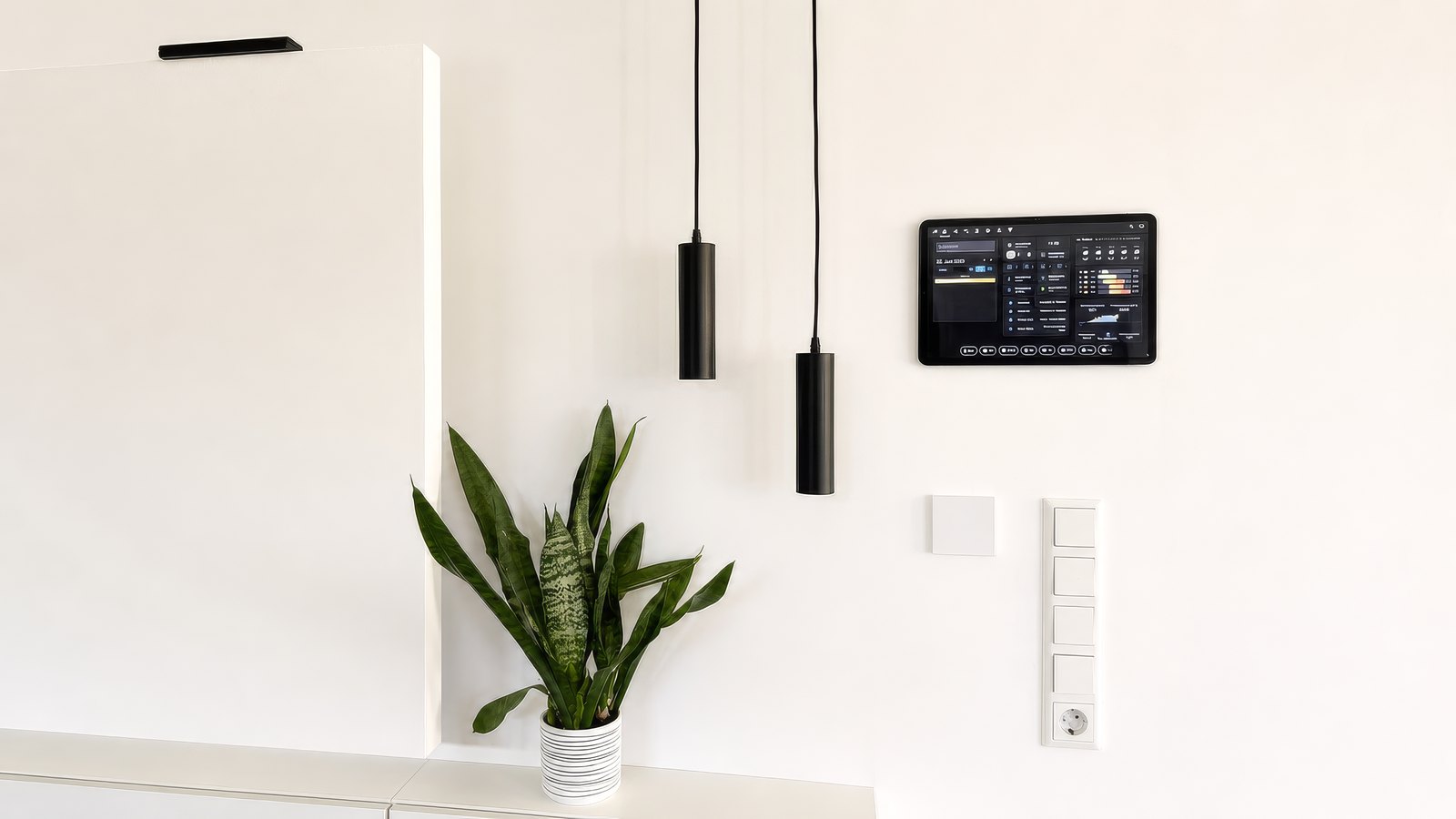 Wandmontiertes Tablet mit Smart-Home-Dashboard in einem hellen Wohnraum